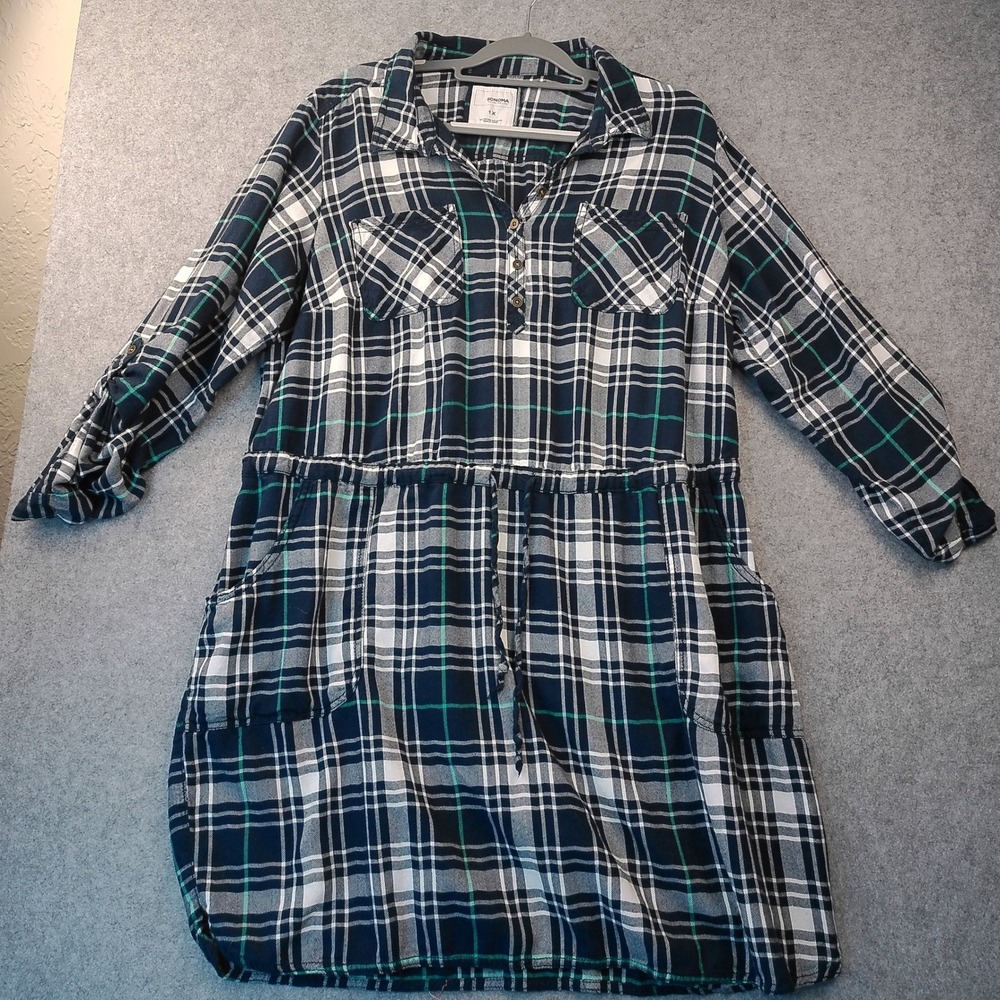 Sonoma Goods for Life Navy Blue Plaid Roll Tab Sleeve Shirt Dress Womens Large